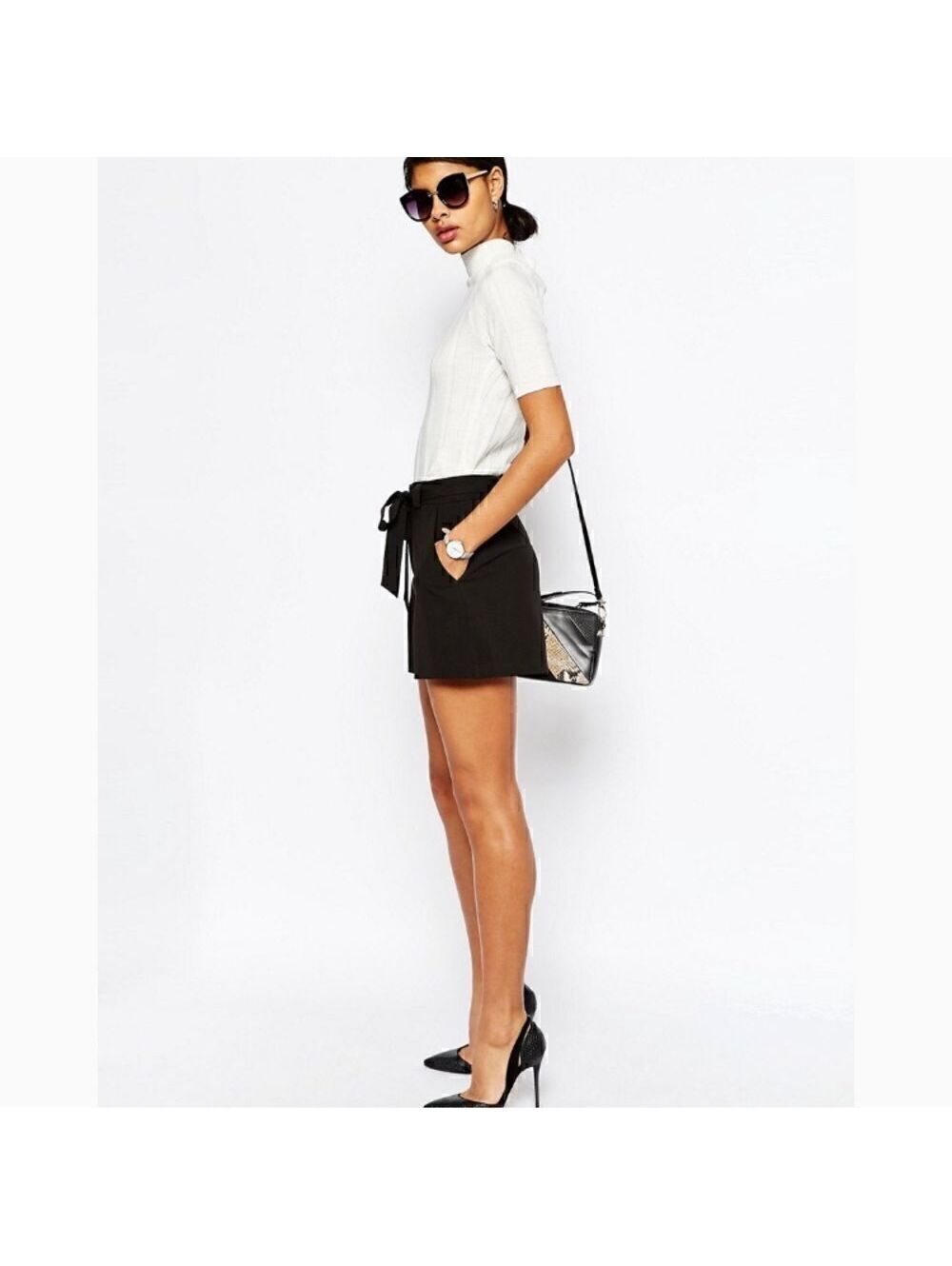 ASOS Black High Waist Obi Tie Belt Tailored Dressy Shorts US 2 Preppy Coquette